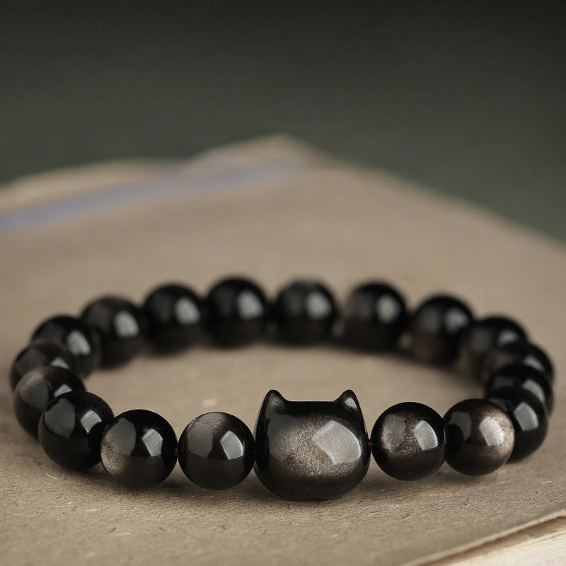 Wear FengShui Gold Sheen Obsidian Silver Sheen Obsidian Lovely Paw Lucky Cat Protection Bracelet