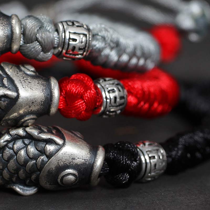 Wear FengShui Silver Luck Koi Fish Braided String Bracelet