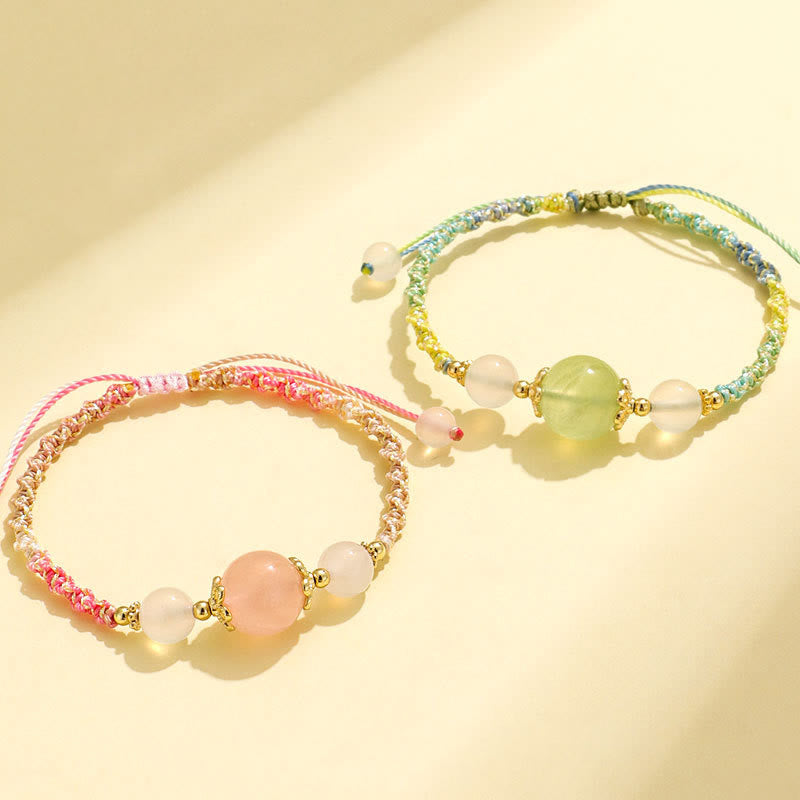 Wear FengShui Strawberry Quartz Pink Crystal Prehnite White Agate Bead Healing Rope Bracelet