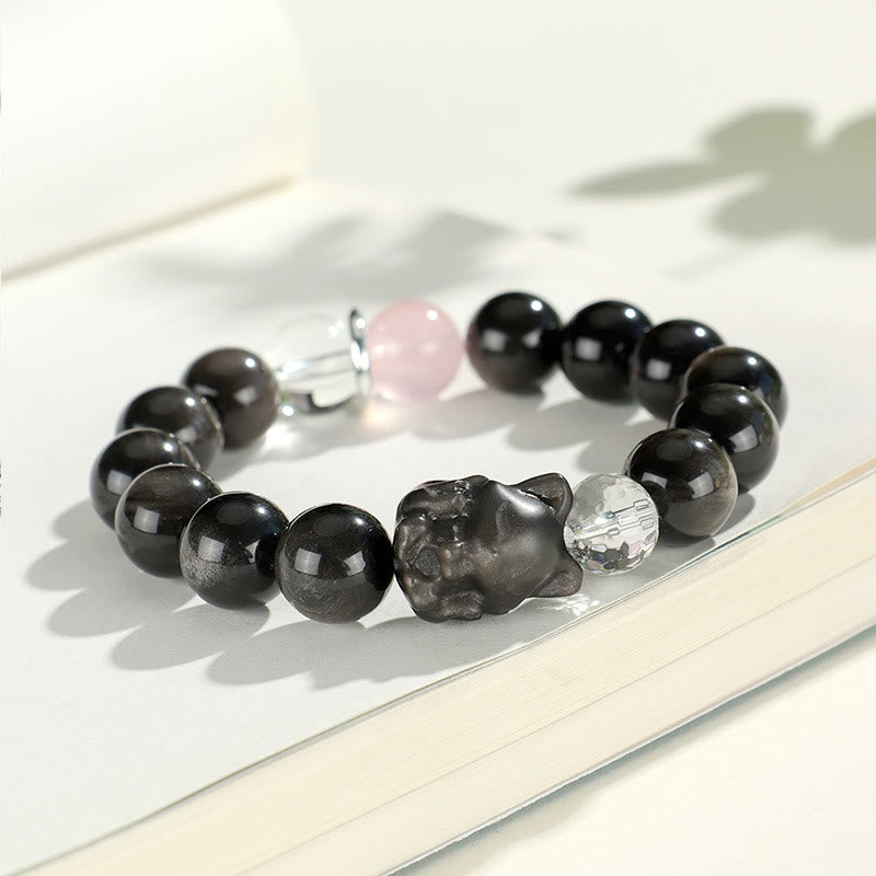 Wear FengShui Natural Silver Sheen Obsidian Cat Head Fox Planet Protection Bracelet