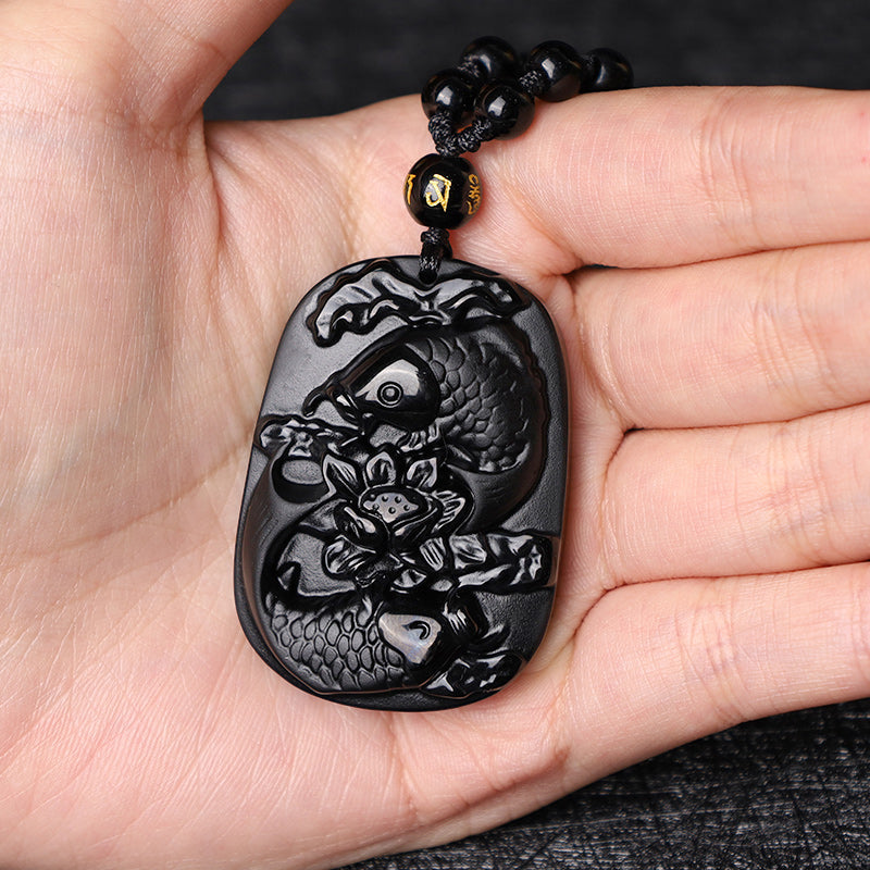 Wear FengShui Natural Black Obsidian Koi Fish Lotus Strength Beaded Necklace Pendant