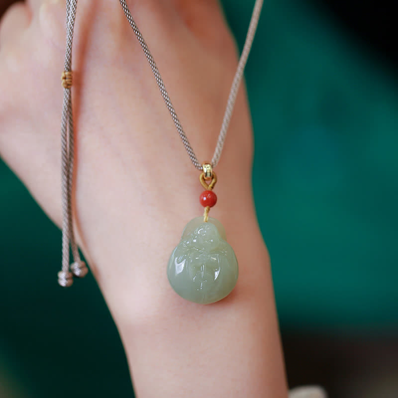 Wear FengShui Laughing Buddha Hetian Jade Wealth Prosperity String Necklace Pendant