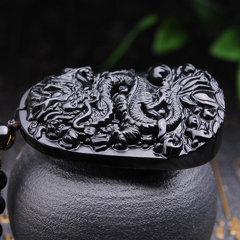 Wear FengShui Black Obsidian Stone Dragon Fulfilment Pendant Necklace