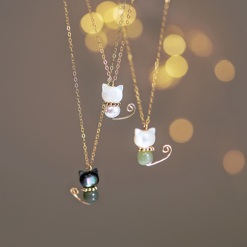 Wear FengShui 14K Gold Plated Pearl Hetian Jade Shell Luck Cat Kitten Necklace Pendant