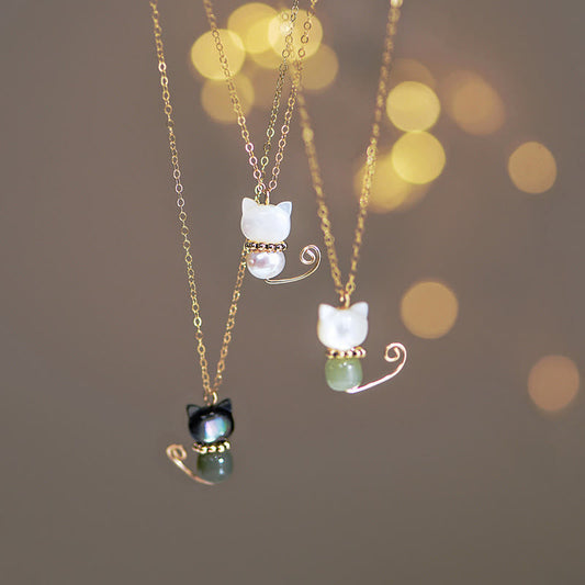 Wear FengShui 14K Gold Plated Pearl Hetian Jade Shell Luck Cat Kitten Necklace Pendant