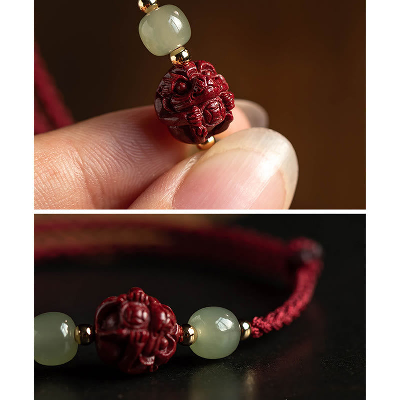 Wear FengShui Natural Cinnabar Chinese Zodiac Hetian Jade Fu Character Luck Rope Bracelet