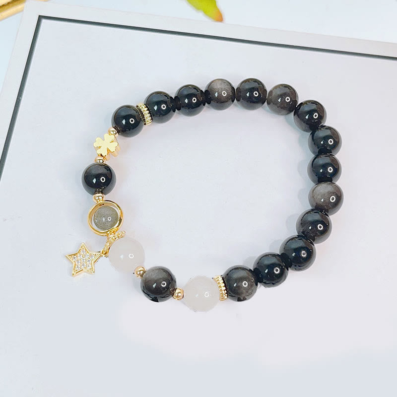 Wear FengShui Natural Silver Sheen Obsidian Love Heart Star Flower Protection Bracelet