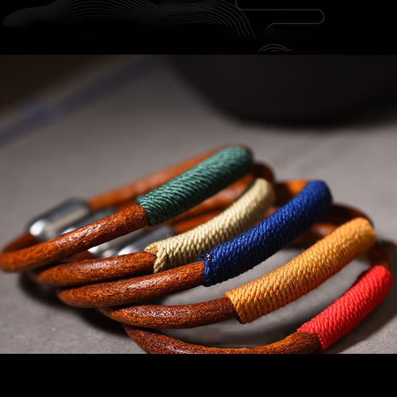Wear FengShui Tibetan Leather Handmade Five Elements Luck Braid String Buckle Bracelet