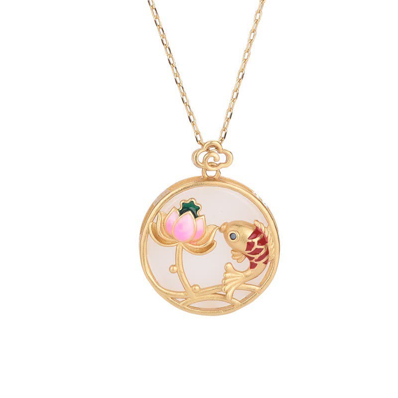 Wear FengShui White Jade Koi Fish Lotus Blessing Necklace Pendant