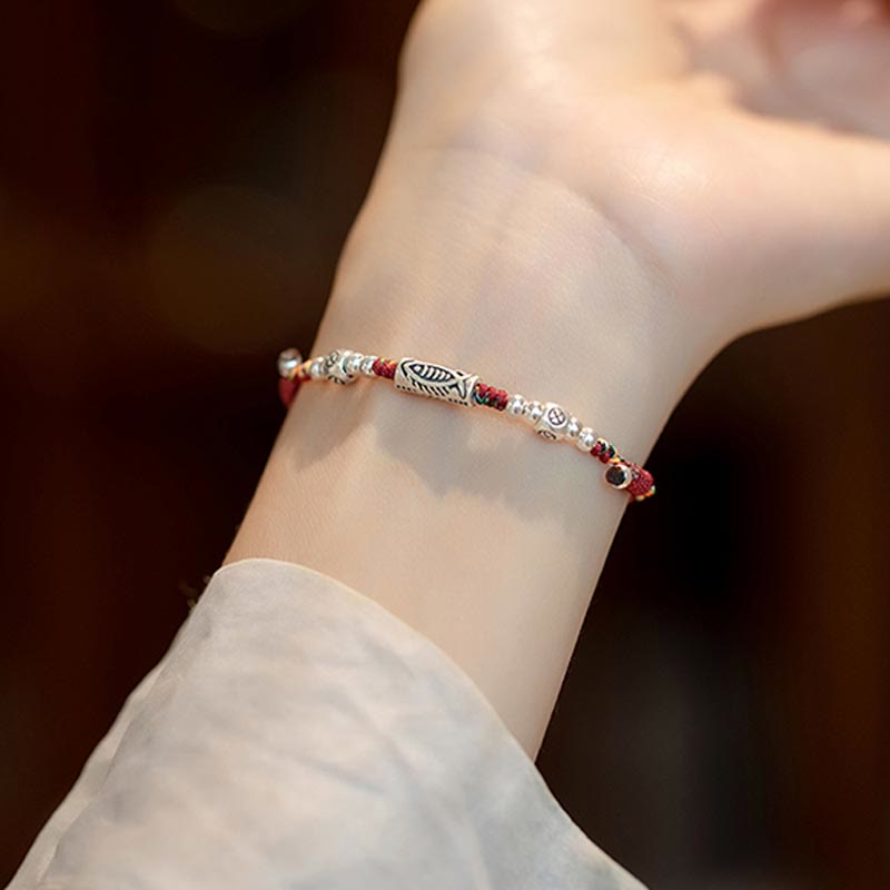 Wear FengShui 925 Sterling Silver Luck Koi Fish Braided Colorful String Bracelet Anklet