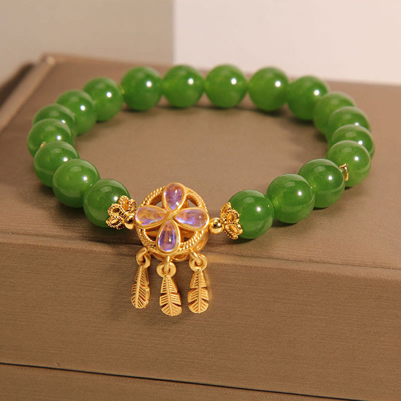 Wear FengShui Green Jade Dreamcatcher Four Leaf Clover Luck Bracelet