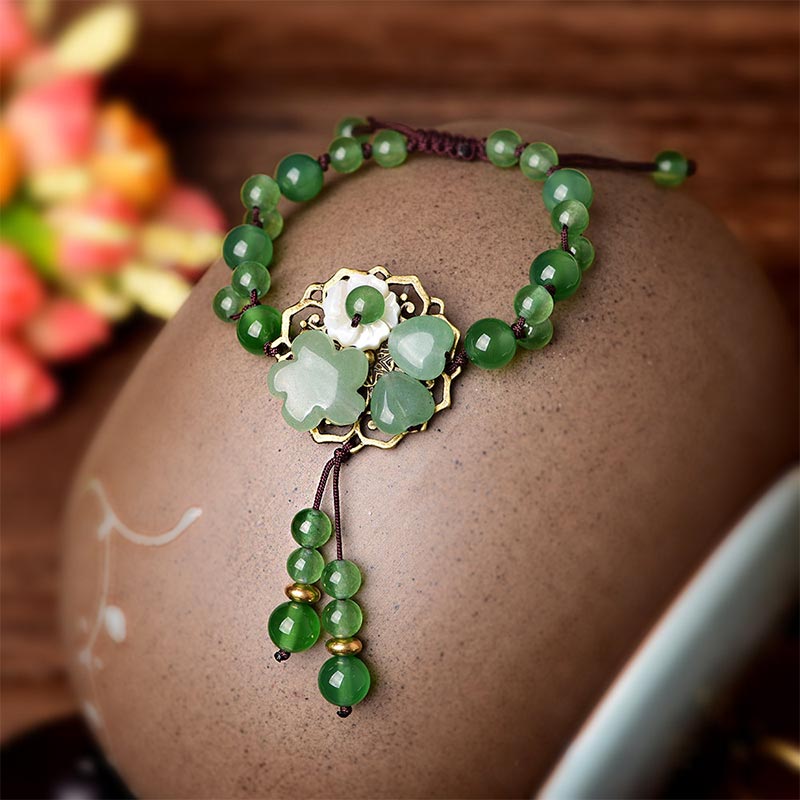 Wear FengShui Natural Green Jade Luck Dangling Flower Bracelet