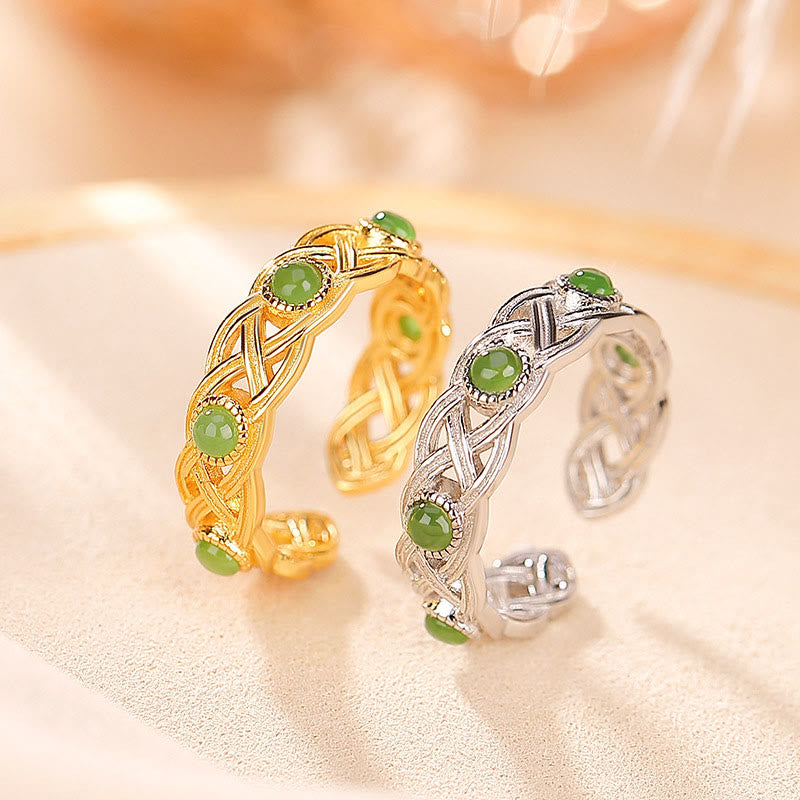 Wear FengShui 925 Sterling Silver Plated Gold Cyan Jade Braided Design Success Luck Adjustable Ring