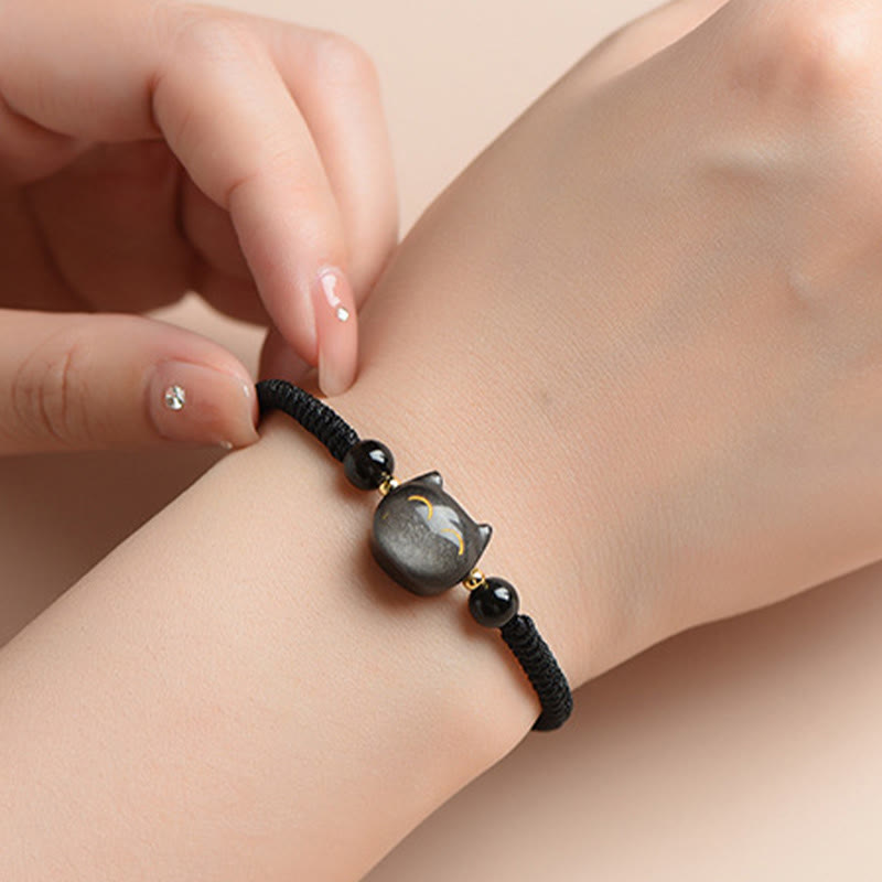 Wear FengShui Handmade Natural Silver Sheen Obsidian Strawberry Quartz Cute Cat Protection Braided Bracelet
