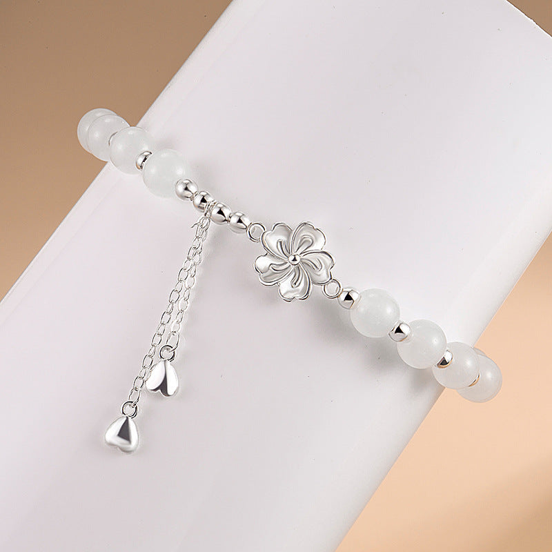 Wear FengShui White Jade Peach Blossom Petals Flower Luck Bracelet