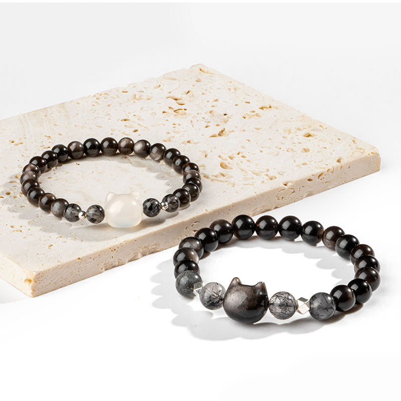 Wear FengShui Natural Silver Sheen Obsidian Cute Cat Head Protection Bracelet