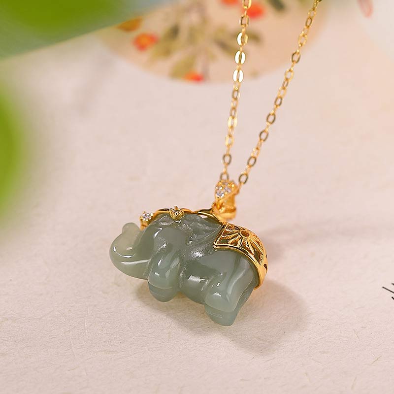 Wear FengShui 925 Sterling Silver Jade Elephant Blessing Fortune Necklace Chain Pendant