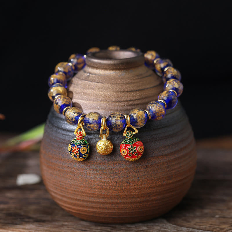 Wear FengShui Gold Swallowing Beast Family Charm Gold Silver Foil Liuli Glass Bead Blessings Bracelet