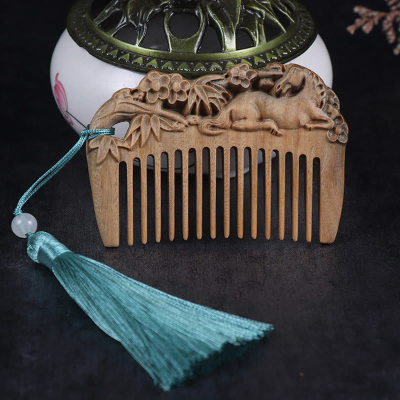 Wear FengShui Green Sandalwood Fox Peony Flower Lotus Engraved Cure Tassel Comb
