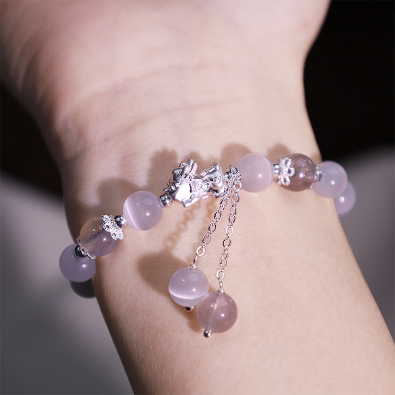 Wear FengShui Natural Cat's Eye Moonstone Strawberry Quartz PiXiu Support Bracelet