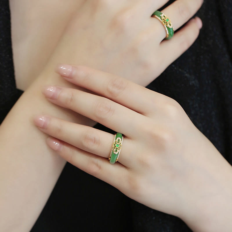 Wear FengShui 18K Gold Plated Natural Green Chalcedony Strength Ring