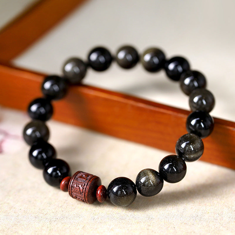 Wear FengShui Natural Gold Sheen Obsidian Rainbow Obsidian Om Mani Padme Hum Fu Character Healing Bracelet