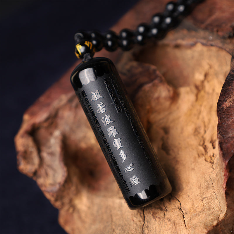 Wear FengShui Natural Black Obsidian Heart Sutra Purification Necklace Pendant