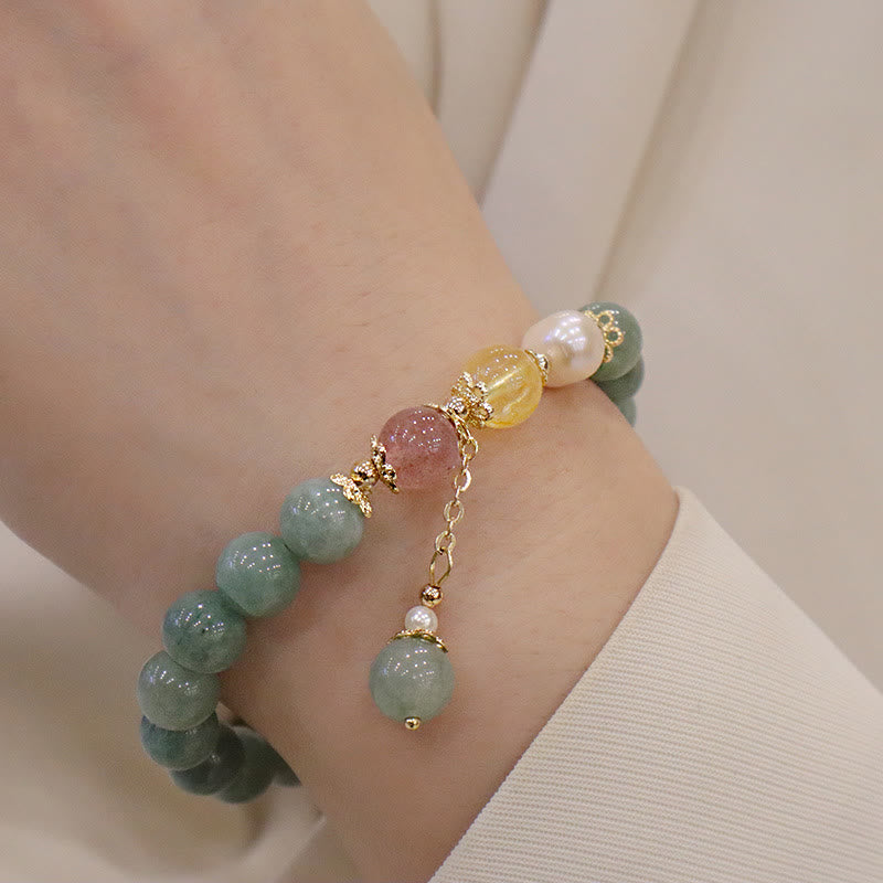Wear FengShui Jade Pearl Strawberry Quartz Abundance Luck Bead Charm Bracelet