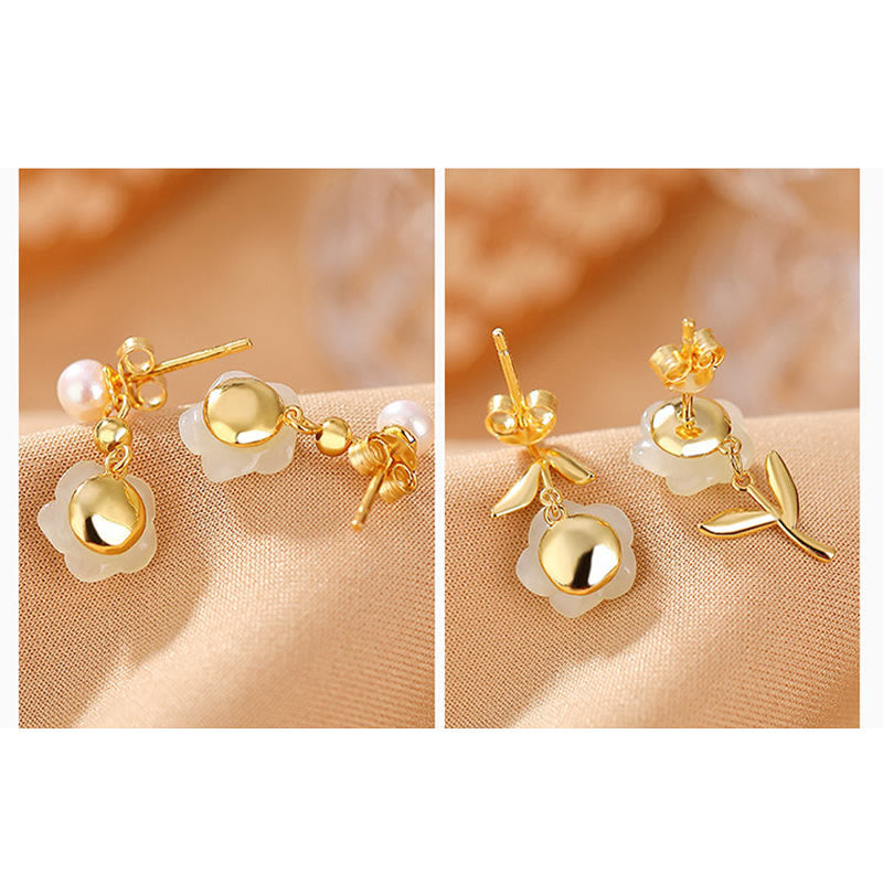 Wear FengShui 925 Sterling Silver Plated Gold Jade Rose Flower Cyan Jade Pearl Luck Earrings