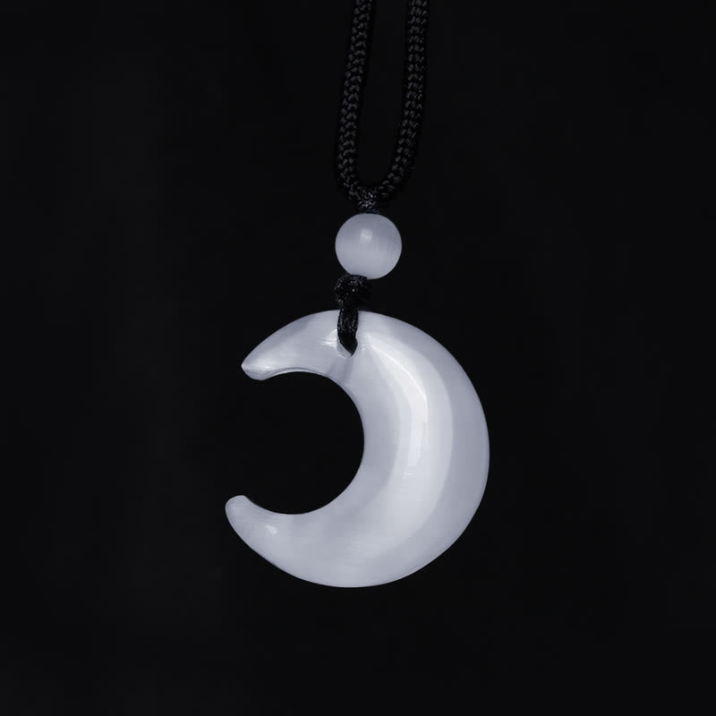Wear FengShui Natural Silver Sheen Obsidian Selenite Crystal Crescent Moon Yin Yang Couple Protection Necklace Pendant