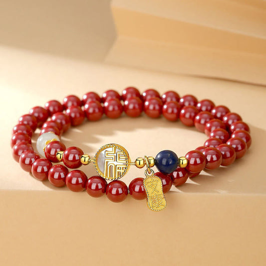 Wear FengShui 925 Sterling Silver Cinnabar Tridacna Stone Fu Character Double Wrap Blessing Bracelet