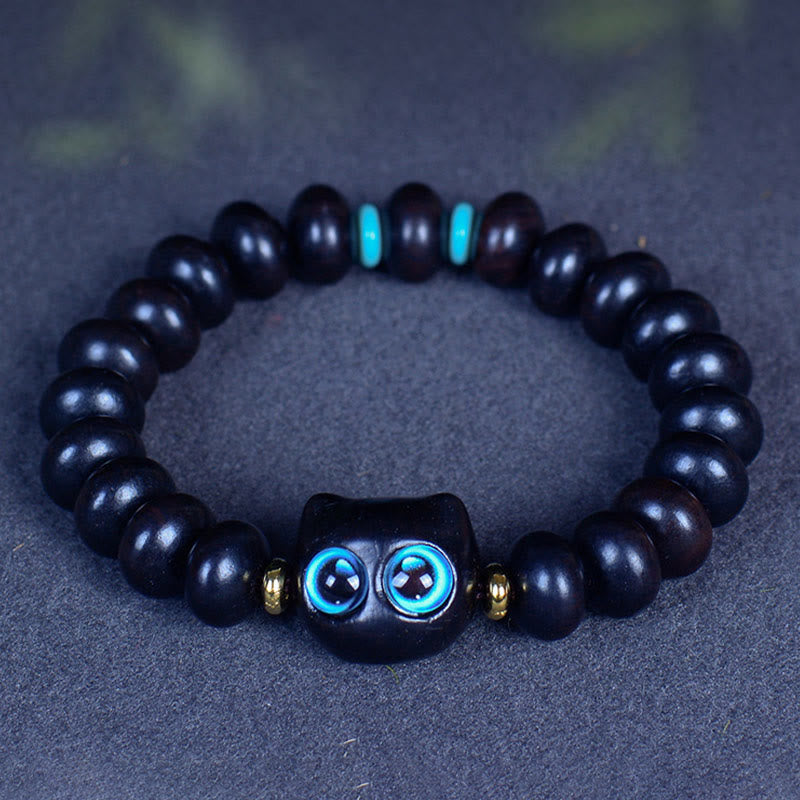 Wear FengShui Ebony Wood Liuli Glass Lovely Cat Peace Balance Bracelet