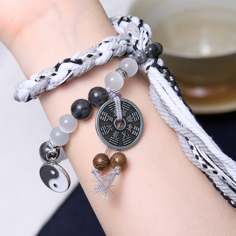 Wear FengShui Black Glitter Stone Cat's Eye Yin Yang Mountain Ghosts Spend Money Power Double Layer Rope Bracelet