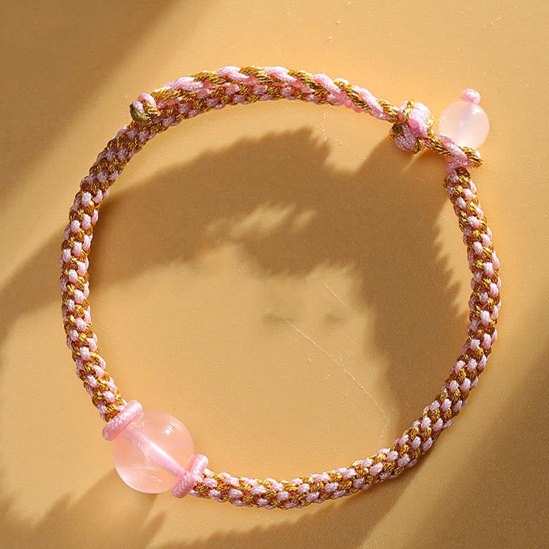 Wear FengShui Handmade Red Agate Amethyst Golden Rutilated Quartz Pink Crystal Bead Calm Braided Bracelet