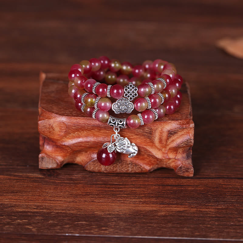 Wear FengShui Natural Watermelon Tourmaline PiXiu Elephant Positive Triple Wrap Bracelet