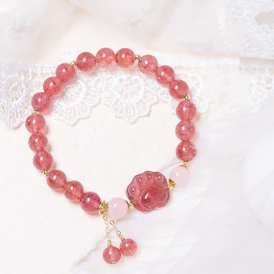 Wear FengShui Natural Strawberry Quartz Pink Crystal Lucky Cat Paw Love Bracelet