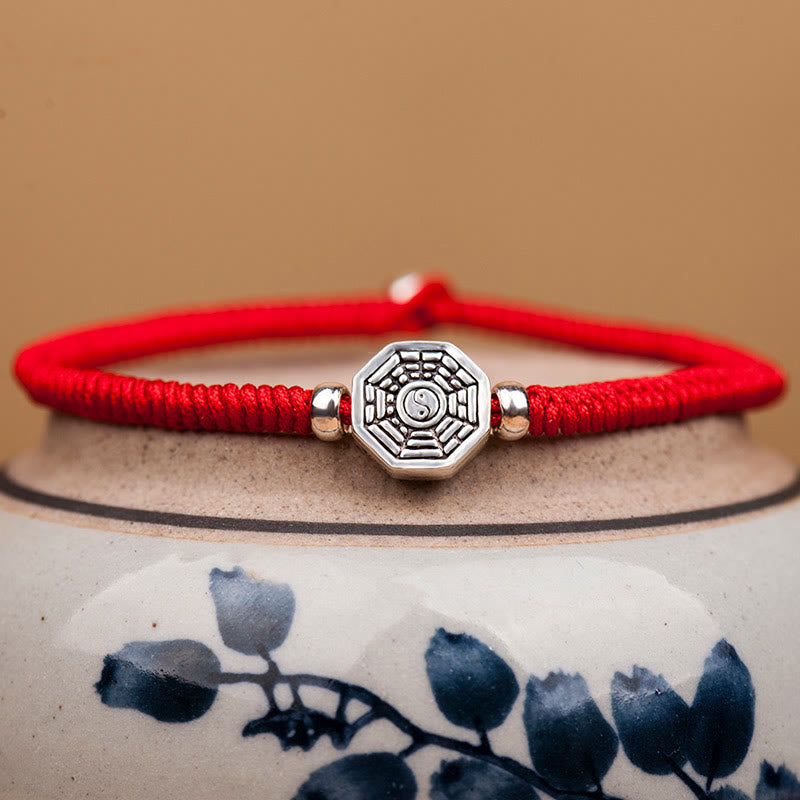 Wear FengShui 925 Sterling Silver Yin Yang Bagua Symbol Cinnabar String Concentration Bracelet