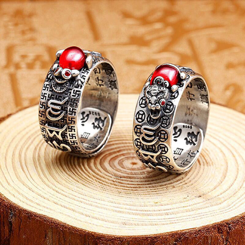 Wear FengShui Genstone PiXiu Feng Shui Frog Vajra Dorje Heart Sutra Wealth Adjustable Ring