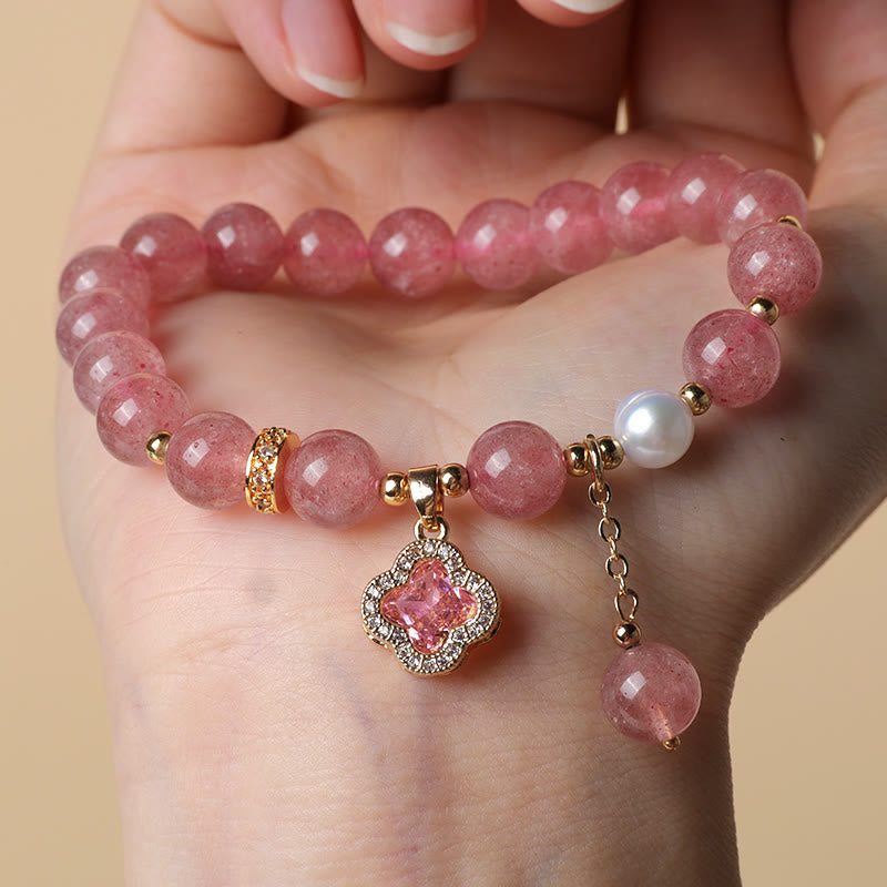 Wear FengShui Strawberry Quartz Pearl Four Leaf Clover Charm Healing Bracelet