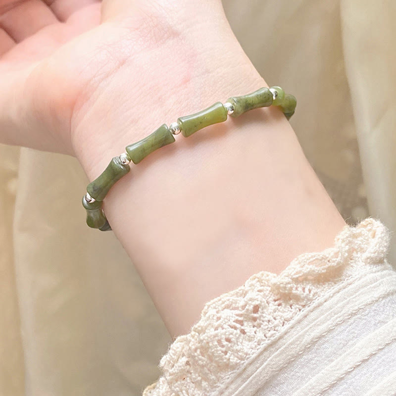 Wear FengShui 925 Sterling Silver Bamboo Jade Lucky Cat Fu Character Luck Abundance Bracelet