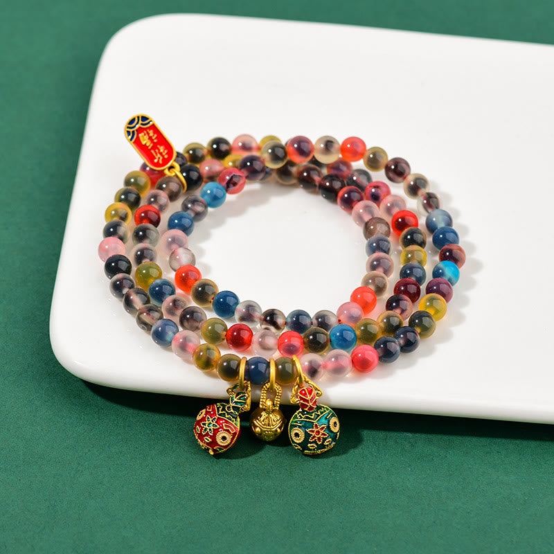Wear FengShui Colorful Candy Agate Gold Swallowing Beast Family Strength Charm Triple Wrap Bracelet