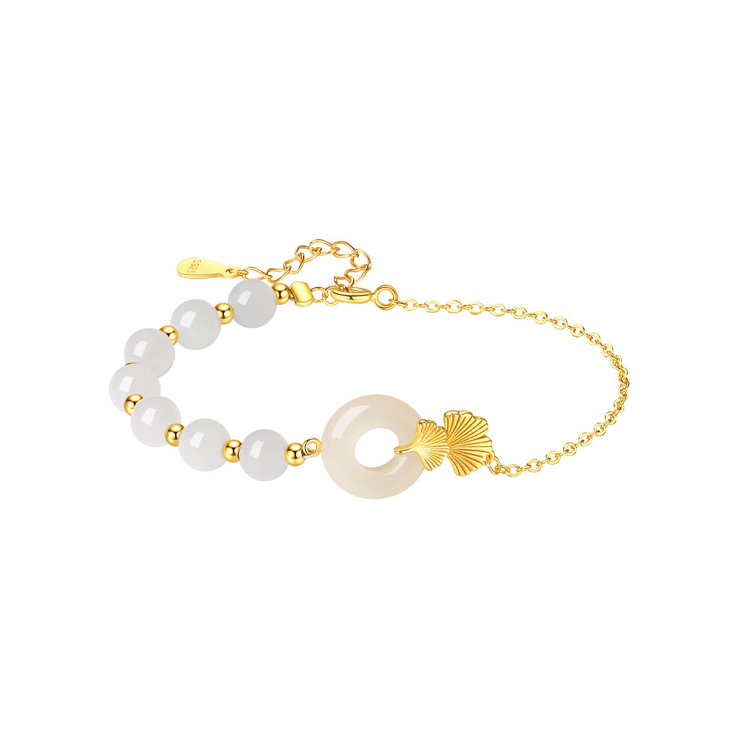 Wear FengShui 925 Sterling Silver Hetian White Jade Peace Buckle Ginkgo Leaf Luck Bracelet