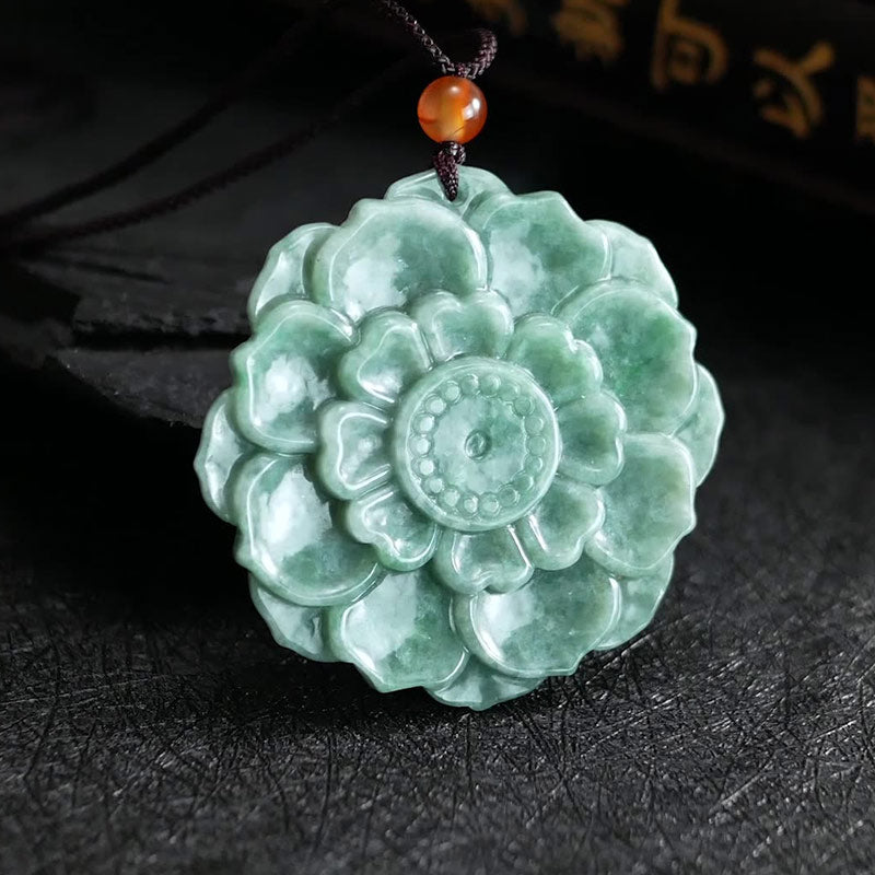 Wear FengShui Lotus Pattern Jade Luck Prosperity Necklace Pendant