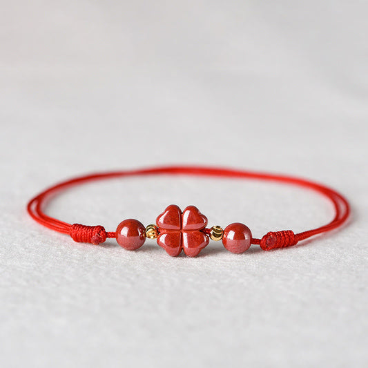 Wear FengShui Four Leaf Clover Cinnabar Blessing Calm String Bracelet Anklet