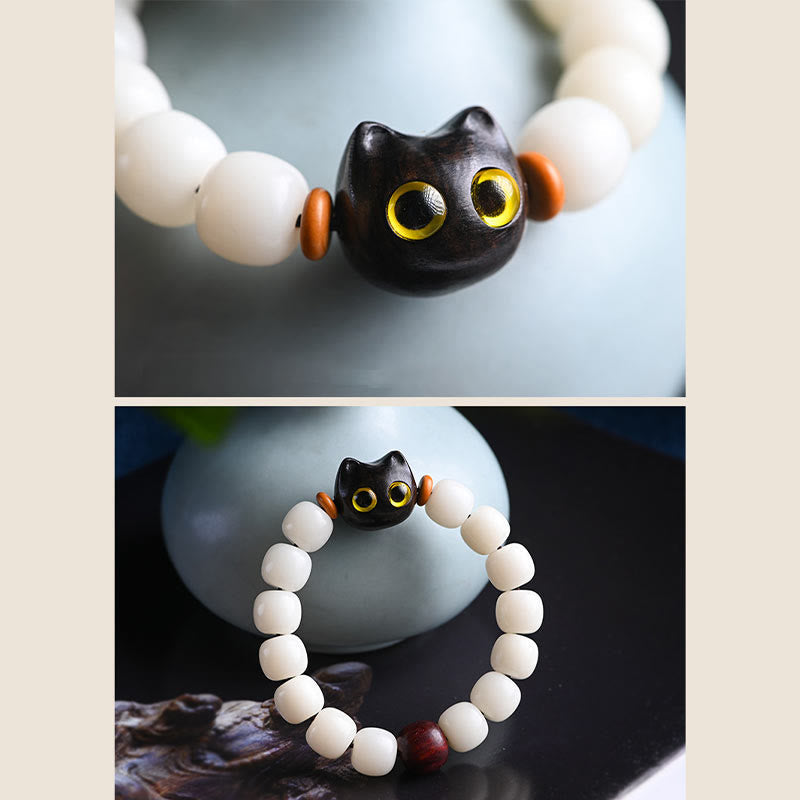 Wear FengShui Natural Bodhi Seed Small Leaf Red Sandalwood Ebony Wood Cute Lucky Cat Wisdom Bracelet