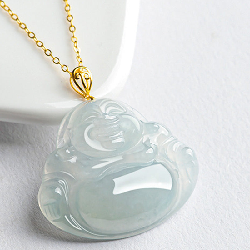 Wear FengShui Laughing Buddha Natural Jade Abundance Titanium Steel Chain Necklace Pendant