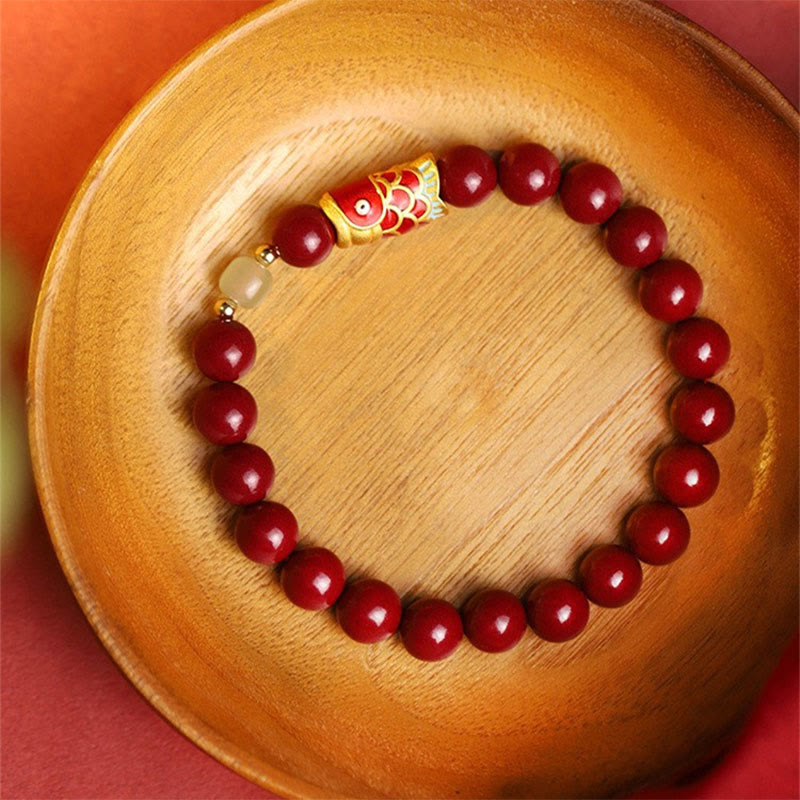 Wear FengShui Natural Cinnabar Lucky Koi Fish Hetian Jade Bead Blessing Bracelet