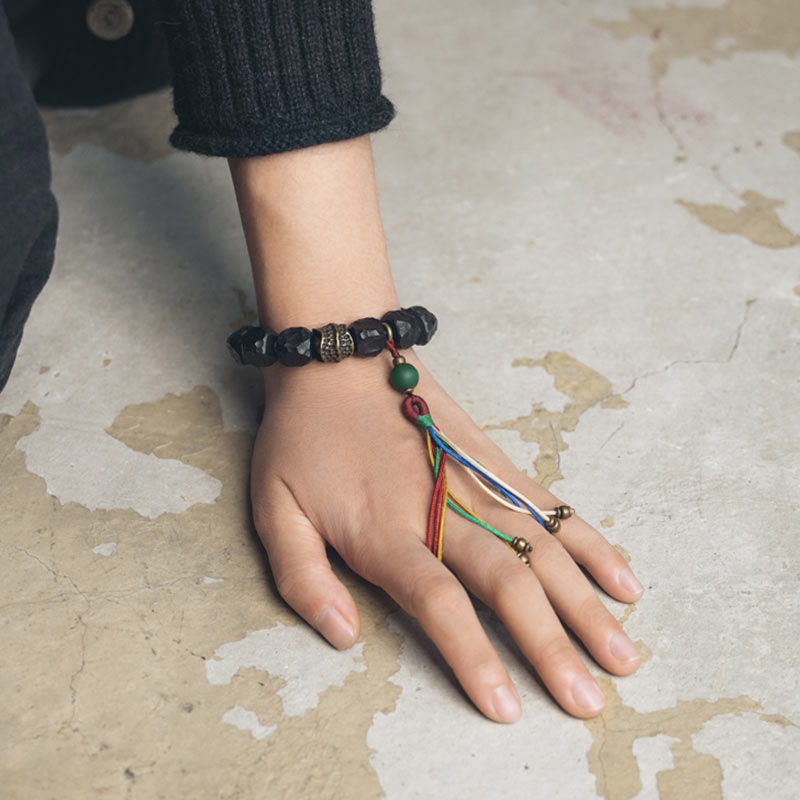 Wear FengShui Tibet Ebony Wood Copper Peace Tassel Wrist Mala Bracelet