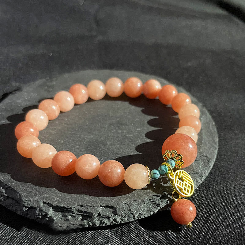 Wear FengShui Natural Orange Stone Turquoise Fu Character Charm Luck Fortune Bracelet