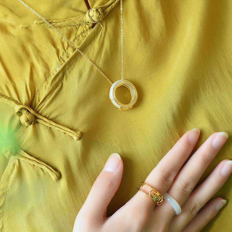 Wear FengShui White Jade Luck Ring Necklace